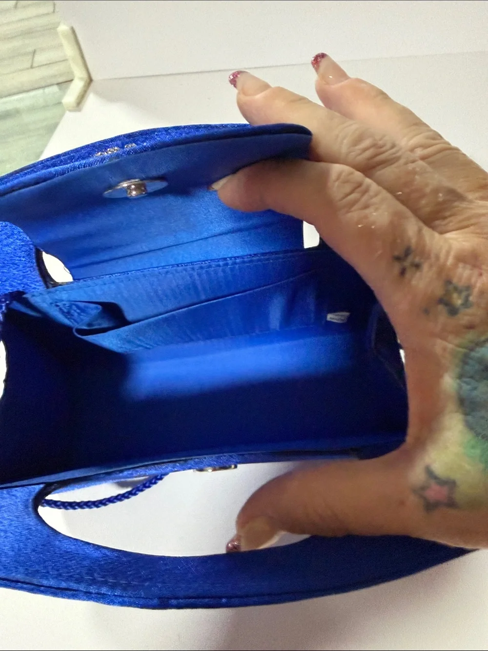 Elegant Royal Blue Satin Evening Handbag with Crystal Detail